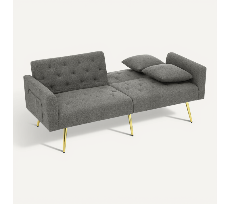 Canapé Convertible 2 Places 177x78x74cm, Dossier 3 Positions Réglable, Teddy, Pieds Métal, Gris+doré