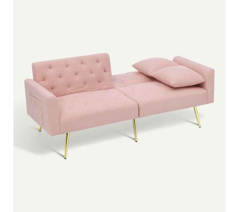 Canapé Convertible 2 Places 150 X 85 X 90 Cm, Dossier 3 Positions Et 2 Coussins, Teddy, Rose+doré