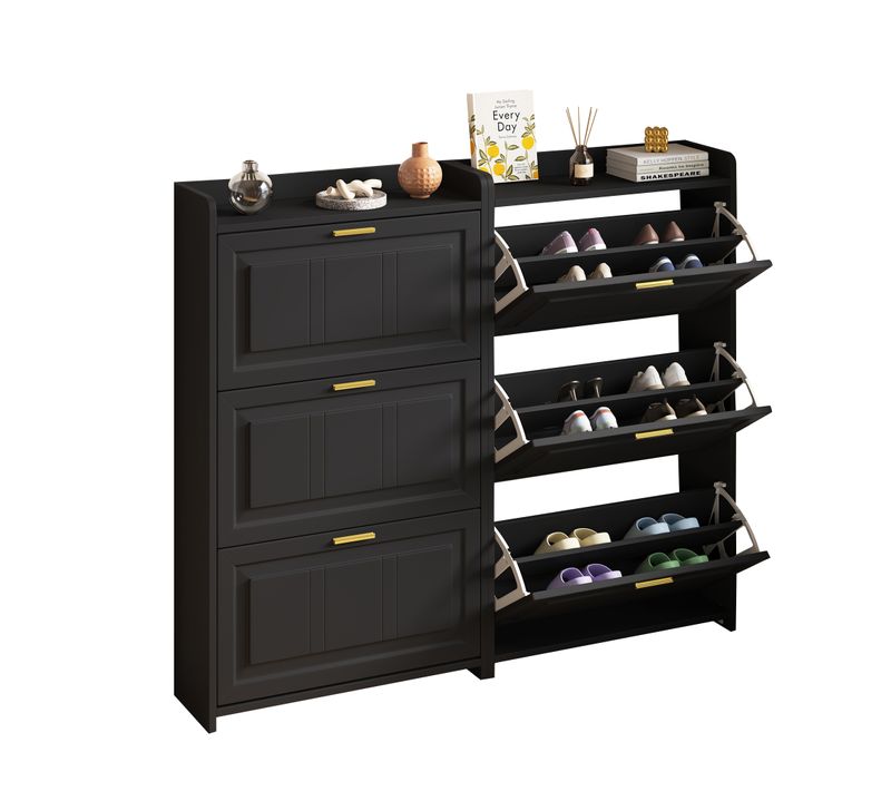 Lot De 2 Meuble à Chaussures 70x24x120 Cm, 6 Portes à Bascule, Mdf Et Panneaux De Particules, Noir