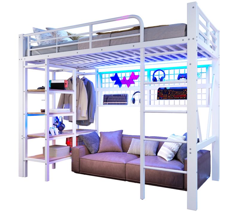 Lit Mezzanine 90x200 Cm, LED Pilotable, Barrières, Étagères, Métal Et Mdf, Blanc+bois