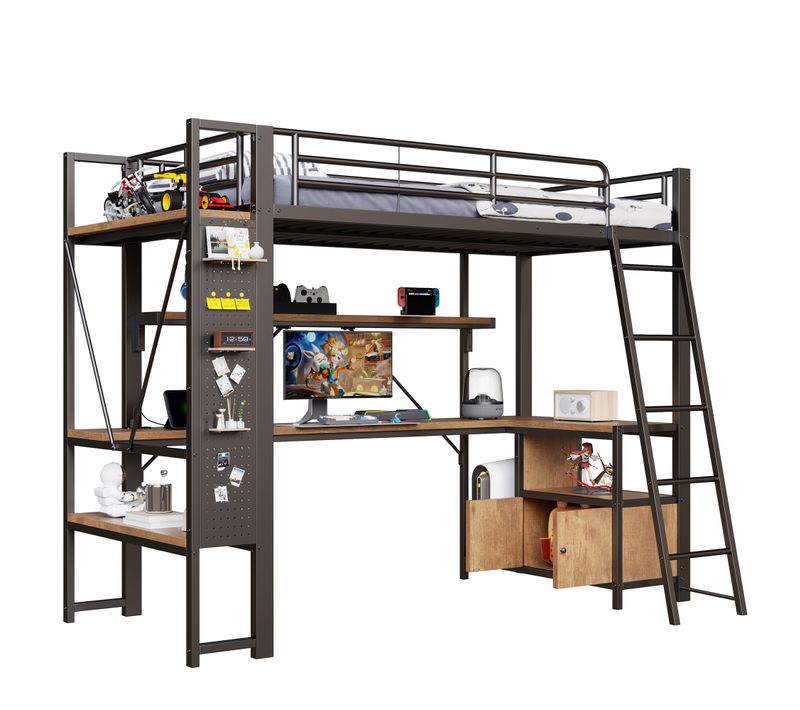 Lit Mezzanine 90x200 Cm, Bureau Et Rangements Avec Bande LED, 2 Portes,  Métal Et Mdf, Noir+brun