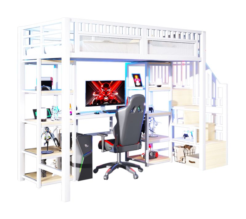 Lit Mezzanine 90x200 Cm, Bureau Avec LED Et USB, Escalier De Rangement, Métal Et Mdf, Blanc+bois