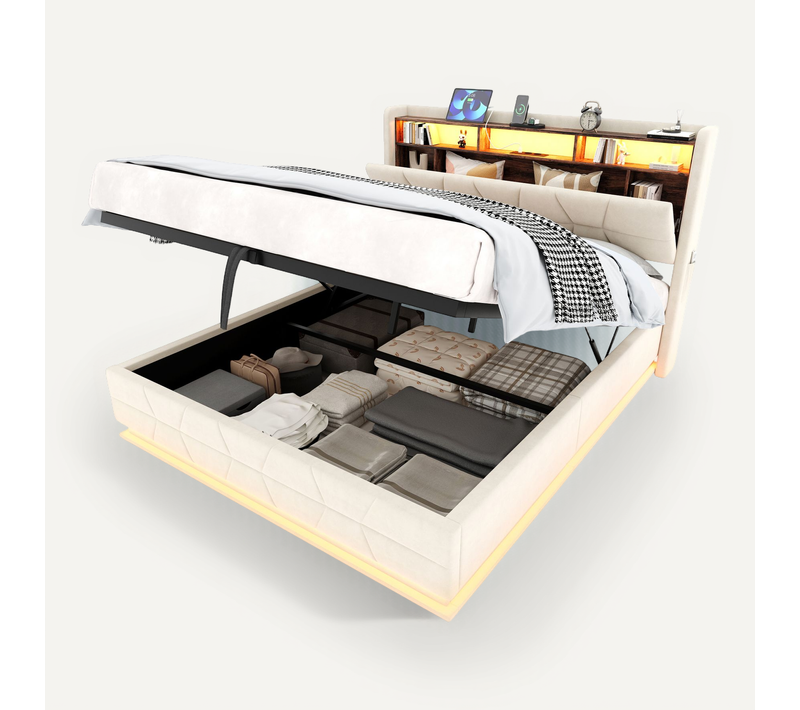 Lit Coffre 160x200 Cm, Tête De Lit Avec Rangements Et LED, Velours, Métal, Bois, Couleur Beige