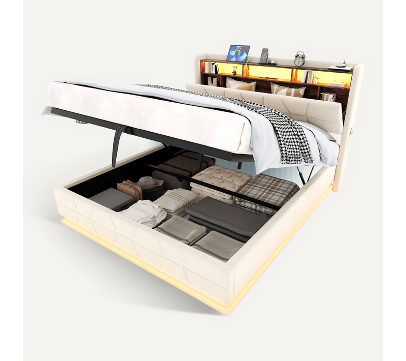 Lit Coffre 140x200 Cm, Tête De Lit Avec Rangement, LED, Ports USB Type C, Velours Beige