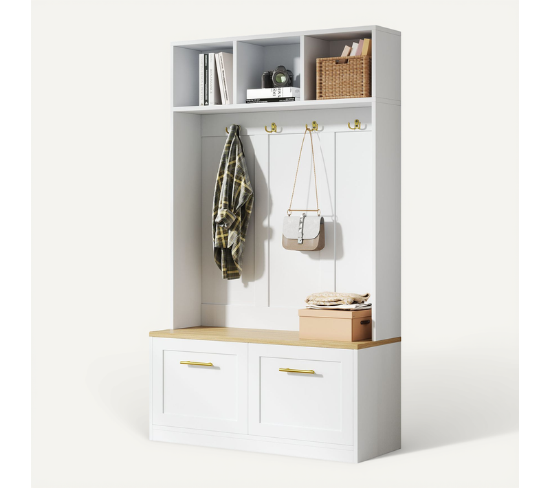 Meuble D'entrée 105x40x180 Cm, Banc Et Rangement, 2 Portes, Mdf, Panneaux De Particules, Blanc+bois
