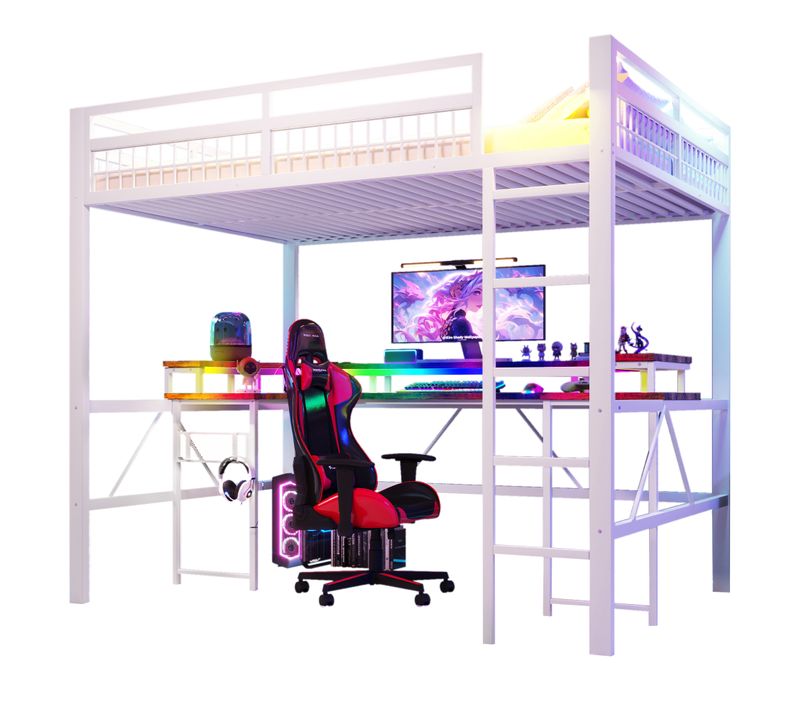Lit Mezzanine 140x200 Cm, Lit Double, Bureau Avec LED Et Prises, Métal Mdf, Couleur Blanc+brun