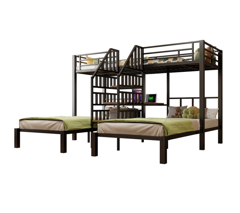 Lit Superposé 3 Couchages 90x200 Cm, LED Et Bureau, Structure Métal Et Mdf, Couleur Noir+brun