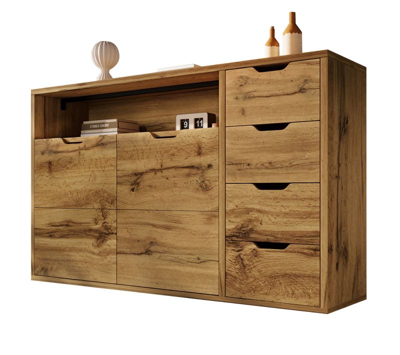 Buffet Bas 150x40x90 Cm, 2 Portes Et 4 Tiroirs, Fermeture Douce, Mdf Et Métal, Couleur Bois