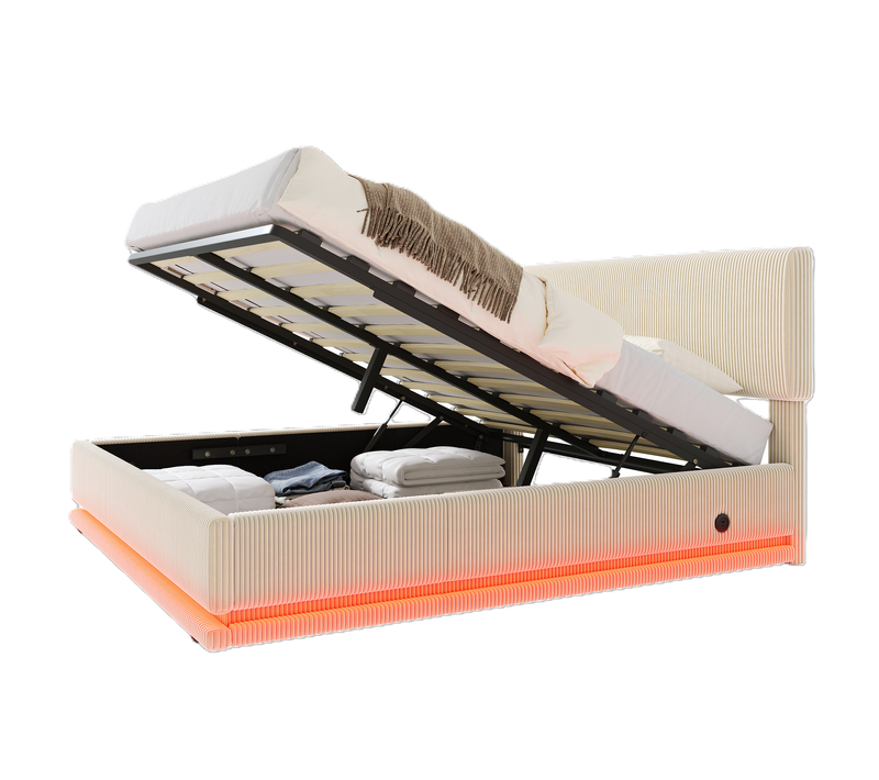 Lit Coffre Adulte 160x200 Cm, Tête Réglable 3 Hauteurs, LED Et USB C, Velours Côtelé, Beige