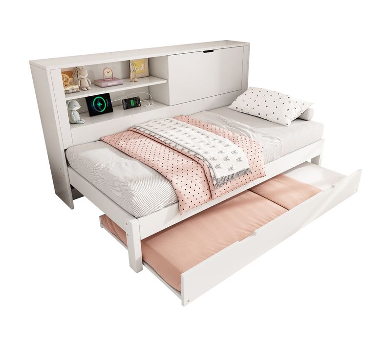 Lit Gigogne 90x190+90x190 Cm, 2 Niches, Rangement Et USB, Bois Mdf Contreplaqué, Couleur Blanc