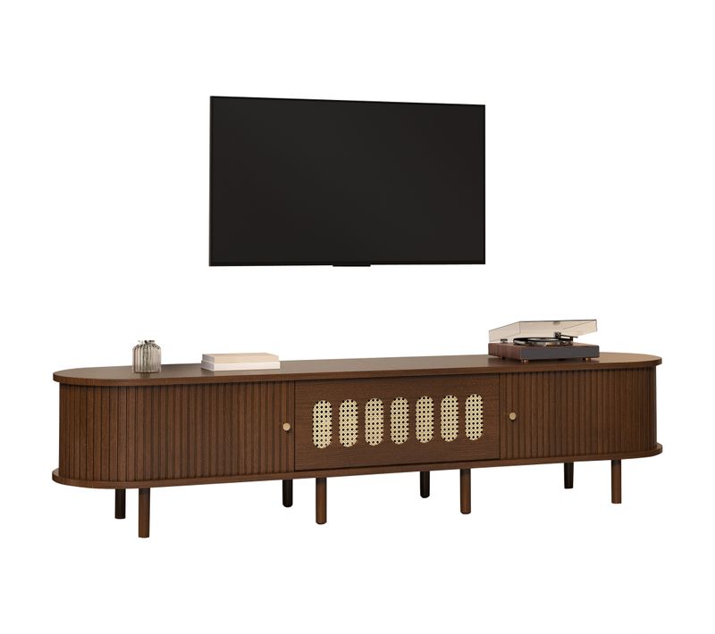 Meuble TV 180x40x40 Cm, Rangement 5 Compartiments, 3 Portes, Mdf, Décor Rotin, Couleur Brun