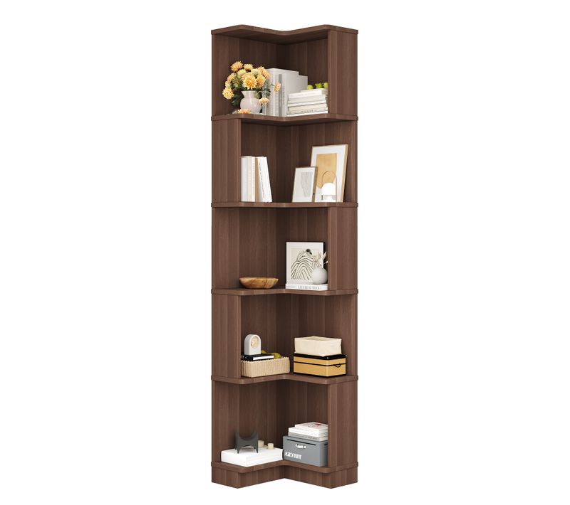 Bibliothèque D'angle 45x45x175 Cm, Avec LED Multicolore, étagères À 5 Niveaux, Mdf, Couleur Brun
