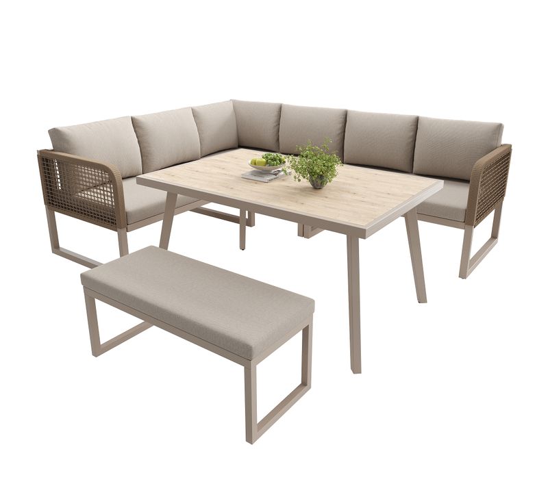 Salon De Jardin Modulable 4 Pièces, 2 Canapés, Banc, Table, Pe Rotin Et Métal, Beige+bois