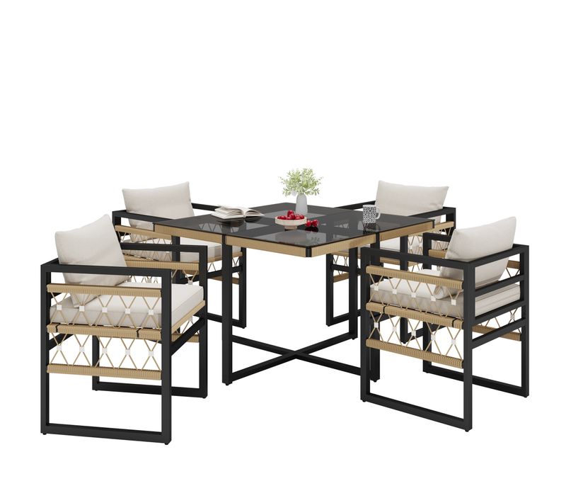 Salon De Jardin 4 Places, 4 Fauteuils 52x52x68 Cm, Table 110x110x74 Cm, Fer, Beige+noir