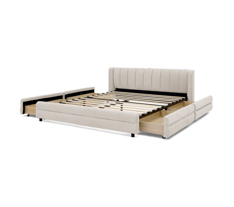 Lit Adulte 160x200 Cm, 4 Tiroirs Rangement Et Ports USB, Tissu Chenille, Beige