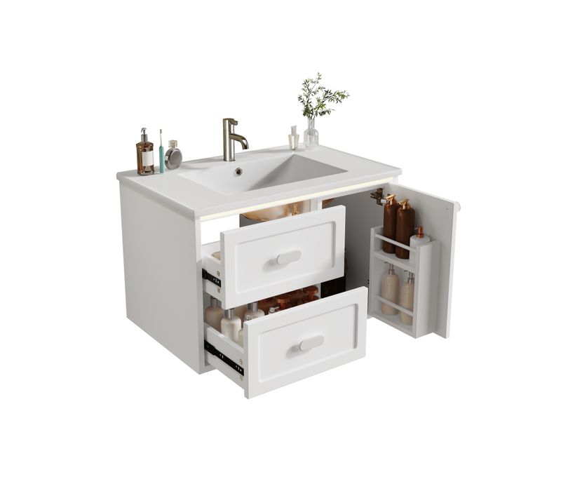 Meuble Vasque Suspendu 76x46x51 Cm, LED Capteur Radar, 2 Tiroirs, Mdf Et Céramique, Couleur Blanc