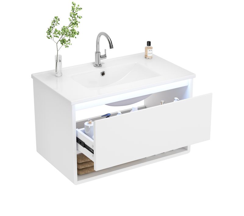Meuble Vasque Suspendu 76.5x46x45 Cm, LED Détecteur De Mouvement, Mdf Laqué, Vasque Céramique, Blanc