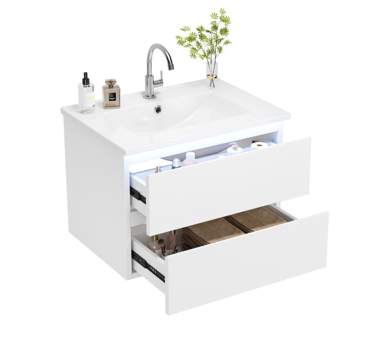 Meuble Vasque Suspendu 61x46x45 Cm, LED Détecteur, 2 Tiroirs, Mdf Laqué, Blanc