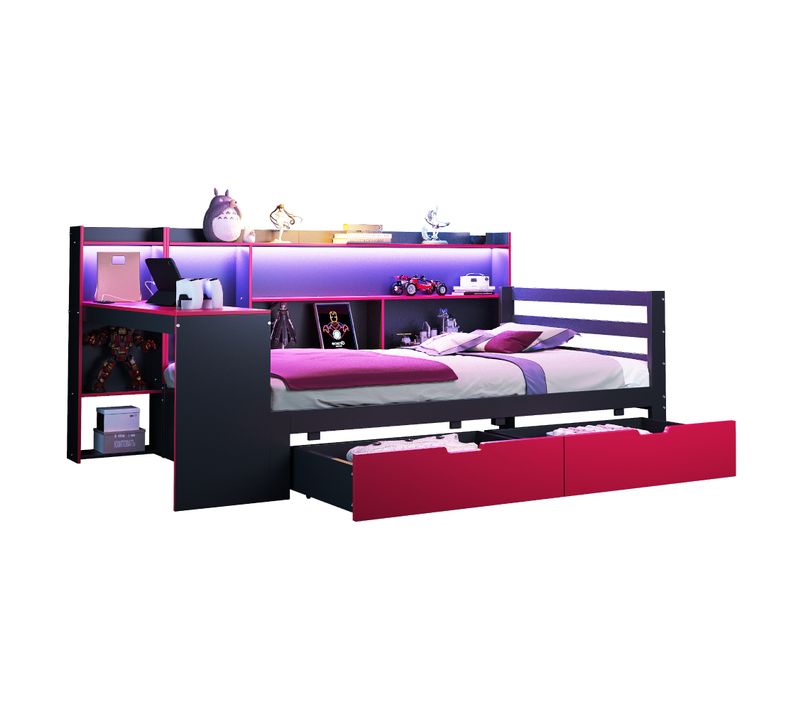 Lit Simple 90x200 Cm, 2 Tiroirs, Rangement Ouvert, Bois, Mdf, Noir Et Rouge