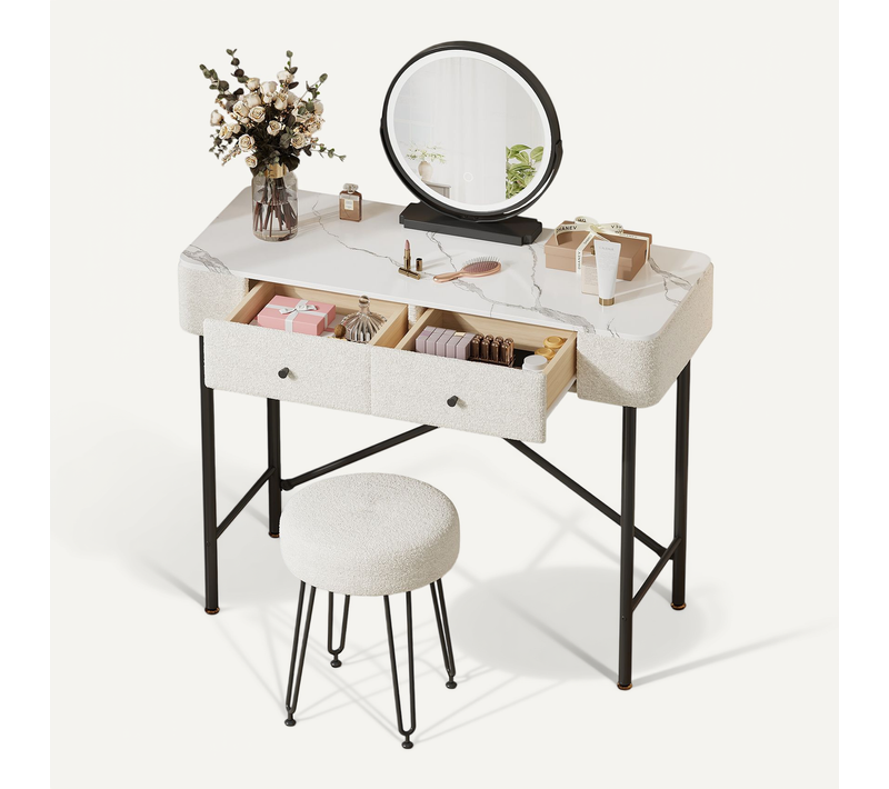 Coiffeuse 100x40x120 Cm, Miroir LED Réglable, 2 Tiroirs, Panneau Mdf Motif Marbre, Blanc