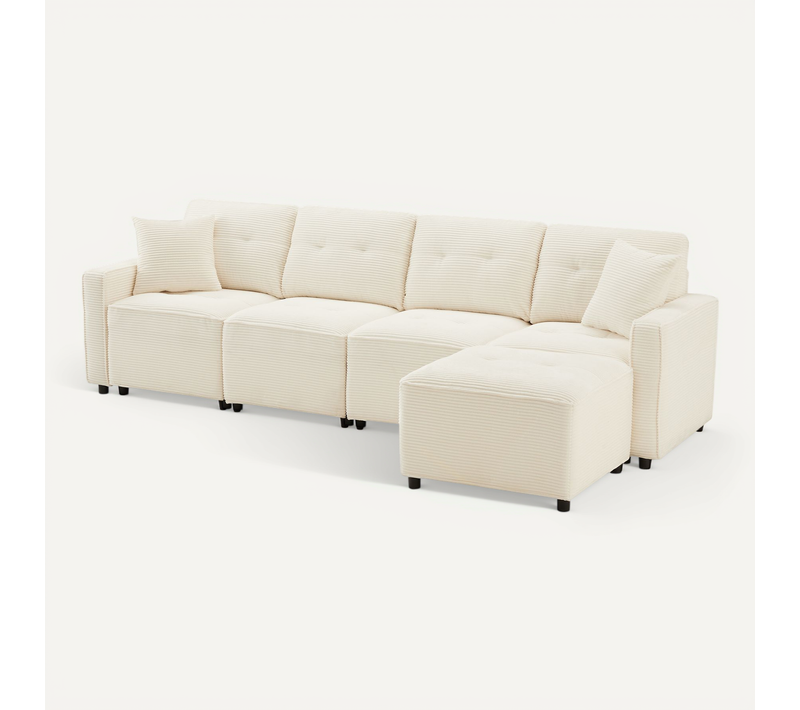 Canapé 4 Places 280x83x85 Cm, Rangement Sous Assise, Velours Côtelé, Couleur Beige