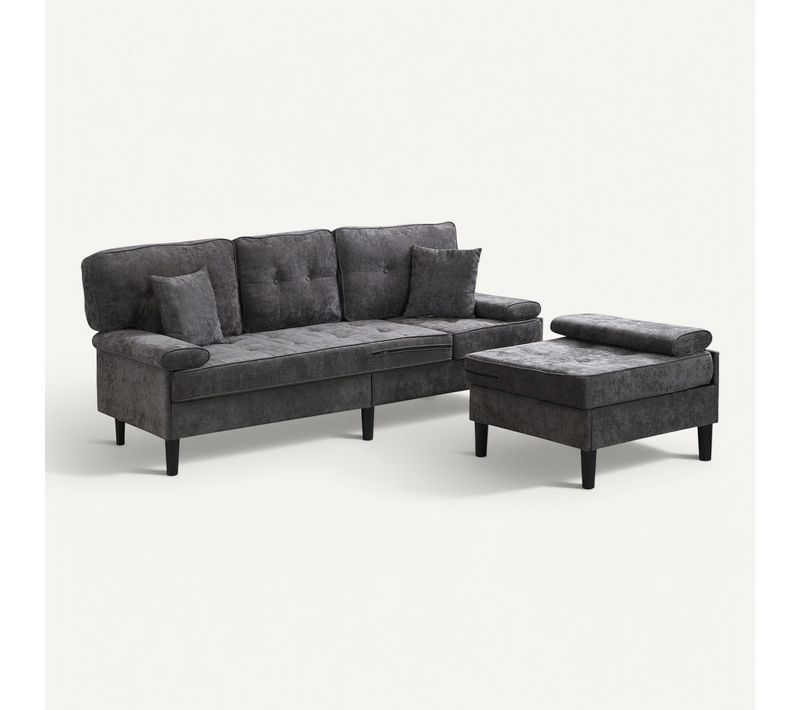 Canapé D’angle Modulable 195x149x86 Cm, Méridienne Réversible Avec Pouf, Chenille, Gris