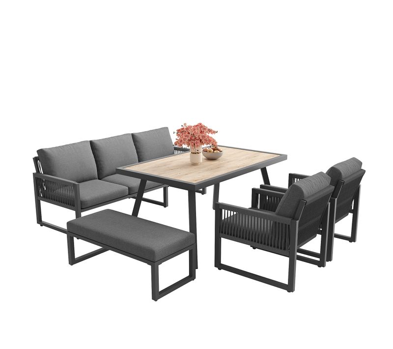 Salon De Jardin 6 Places, Table, 2 Fauteuils, Canapé, Banc, Structure Métal Et Verre, Gris+bois