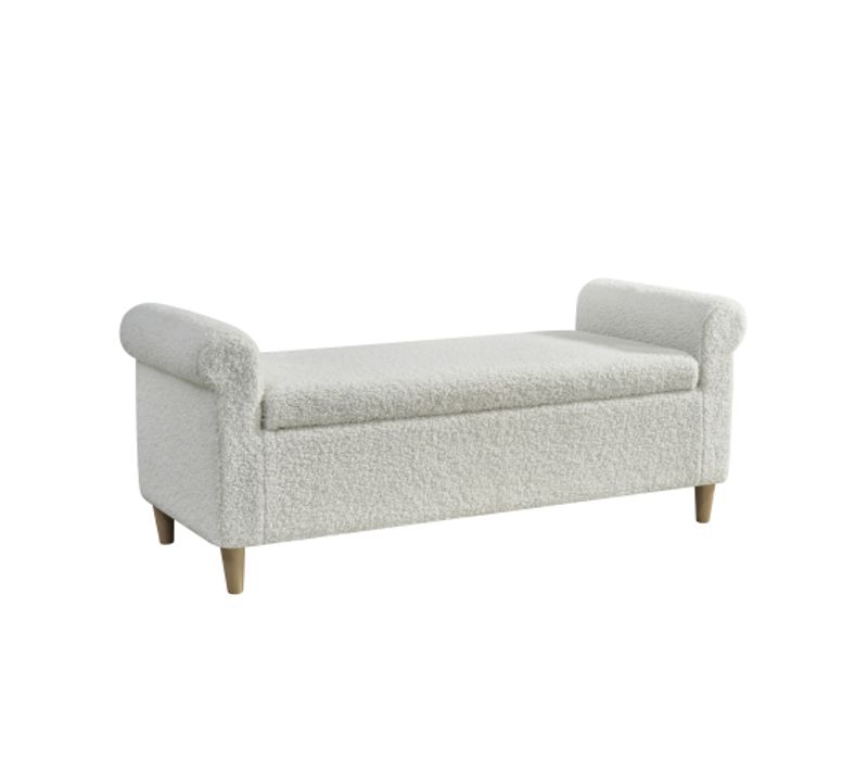 Banc De Lit Avec Rangement 127x51x52 Cm, Assise D Appoint, Bois, Tissu Texturé Blanc, Pieds Bois