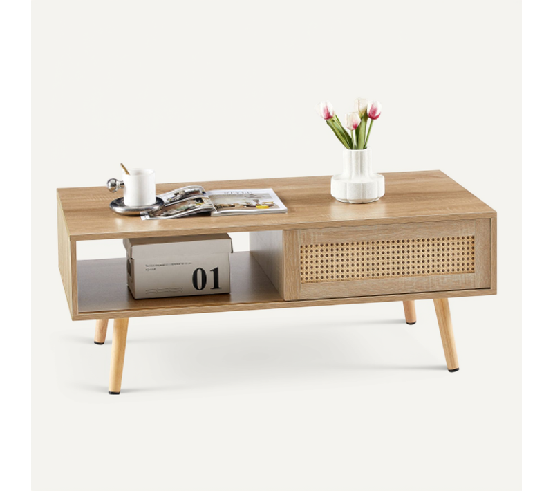 Table Basse 105x55x41.5 Cm, 1 Porte Coulissante, Mdf Avec Rotin, Bois Naturel, Couleur Bois