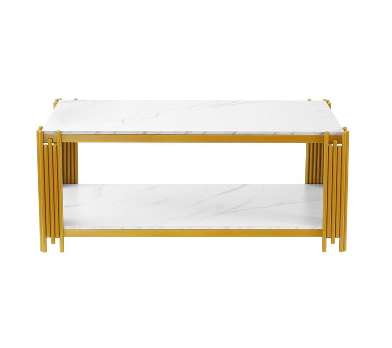 Table Basse Rectangulaire 114x63.5x46.3 Cm, 2 Étagères De Rangement, Mdf Motif Marbre, Blanc+doré