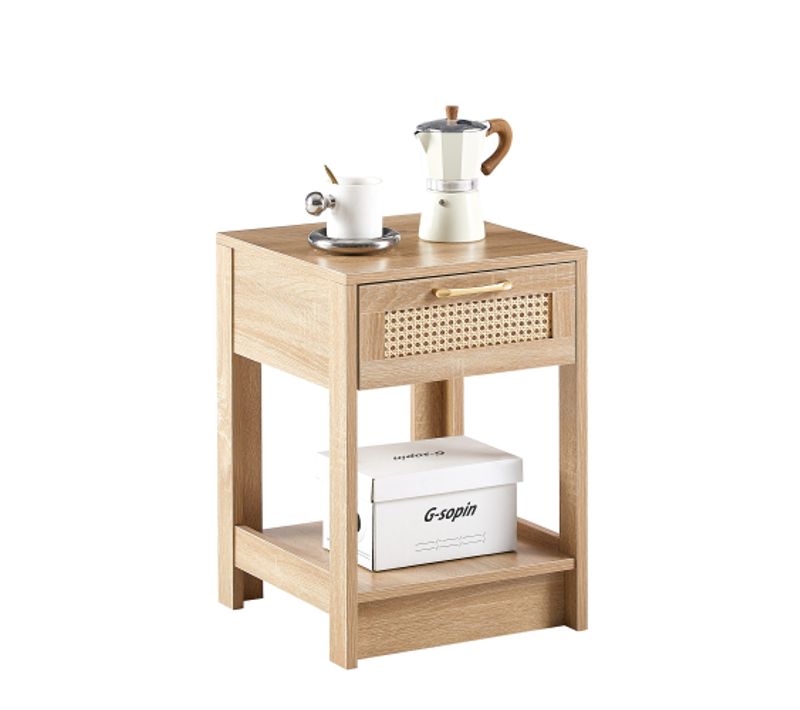 Table De Chevet 40x40x55 Cm, Avec 1 Tiroir, Mdf Avec Finition Rotin, Couleur Bois Naturel