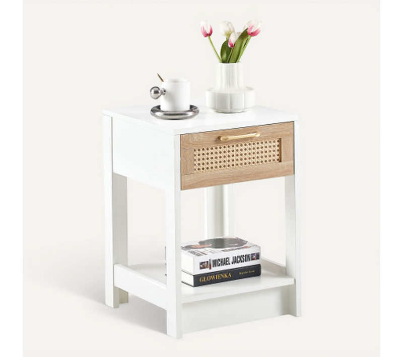 Table De Chevet 40x40x55 Cm, 1 Tiroir Coulissant, Mdf, Effet Rotin Naturel, Couleur Blanc+bois