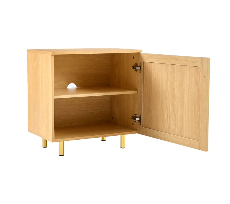 Buffet Bas 60x40x63 Cm, 1 Porte En Rotin, Rangement Avec Étagère, Mdf, Couleur Bois+doré