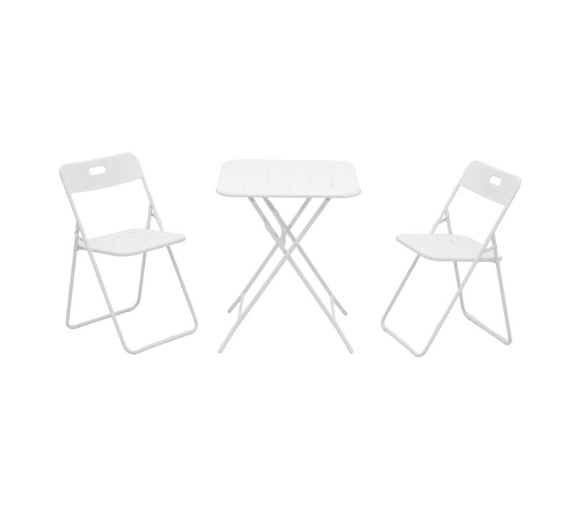 Ensemble Table Et 2 Chaise Pliant 3 Pièces, Table 60x60x73 Cm, Acier, Couleur Blanc