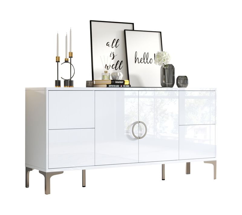 Buffet Bas 150x38x59,5 Cm, 4 Tiroirs Sans Poignée, 2 Portes, Mdf, Blanc Brillant