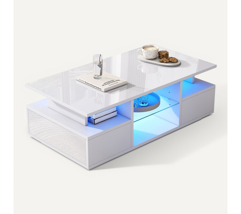 Table Basse 100x50x36 Cm, 2 Tiroirs, LED, Rangement Ouvert, Panneau De Particules, Verre, Blanc