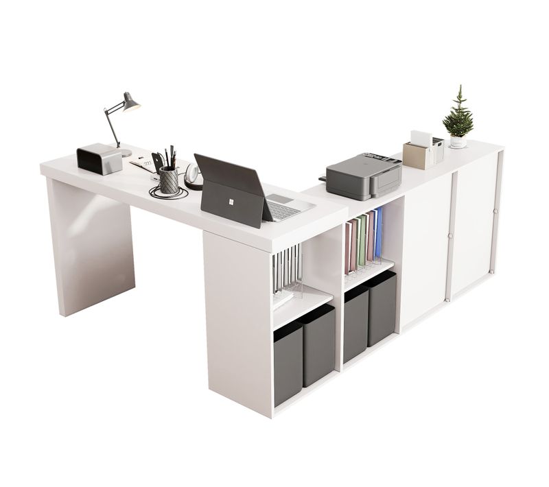 Bureau D'angle Rotatif 360 Degrés, 140x120x78 Cm, Rangements De 8 Compartiments, Mdf, Blanc
