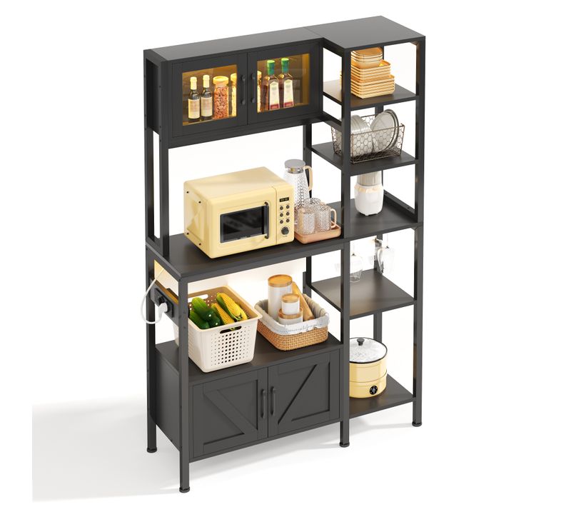 Buffet De Cuisine 115x40x180 Cm, Prises Et LED, Rangement, 4 Portes, Mdf Acier, Couleur Noir