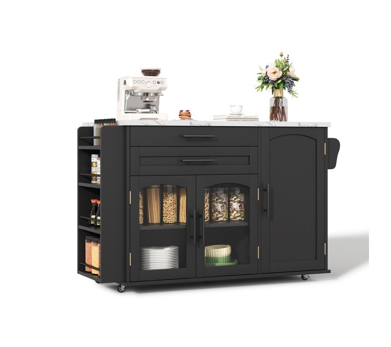 Îlot De Cuisine 120 X 45 (70) X 88.4 Cm, Plateau Rabattable, 3 Portes, Mdf, Couleur Noir + Blanc