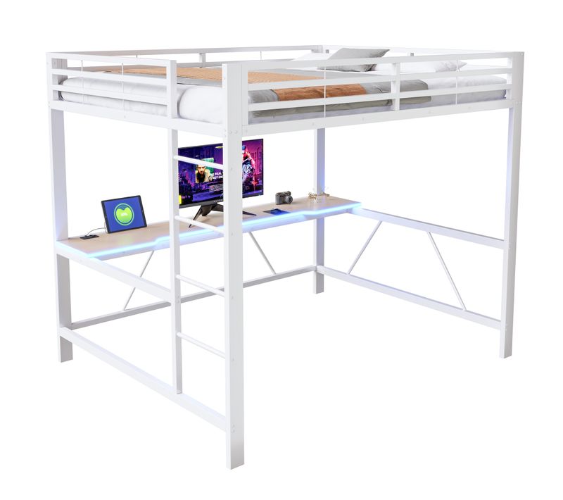 Lit Mezzanine 160x200 Cm, Bureau Et LED, Arrières De Sécurité, Métal Et Mdf, Couleur Blanc+bois