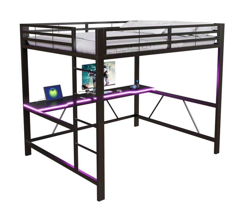 Lit Mezzanine 160x200 Cm, USB, Bureau Et LED, Barrières De Sécurité, Métal Et Mdf, Couleur Noir