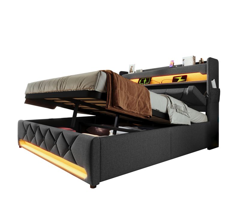 Lit Coffre 140x190 Cm, LED 360 Et Tête De Lit Avec Rangement, USB, Métal Et Bois, Lin Gris