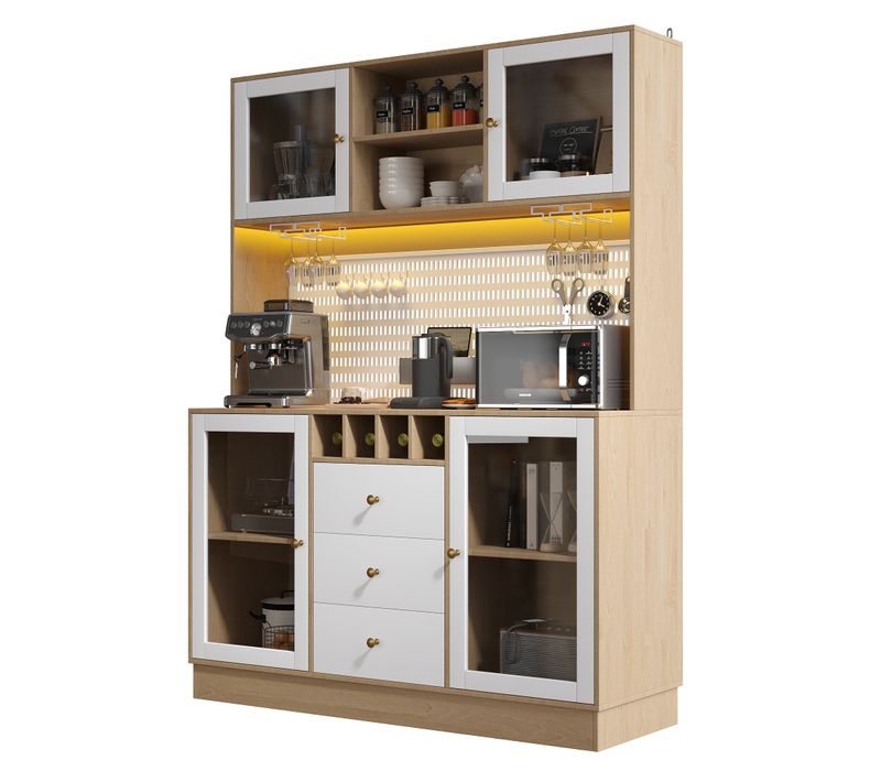 Buffet De Cuisine 140x40x185,7 Cm, 3 Tiroirs, LED Intelligente, Mdf Et Verre, Blanc+bois