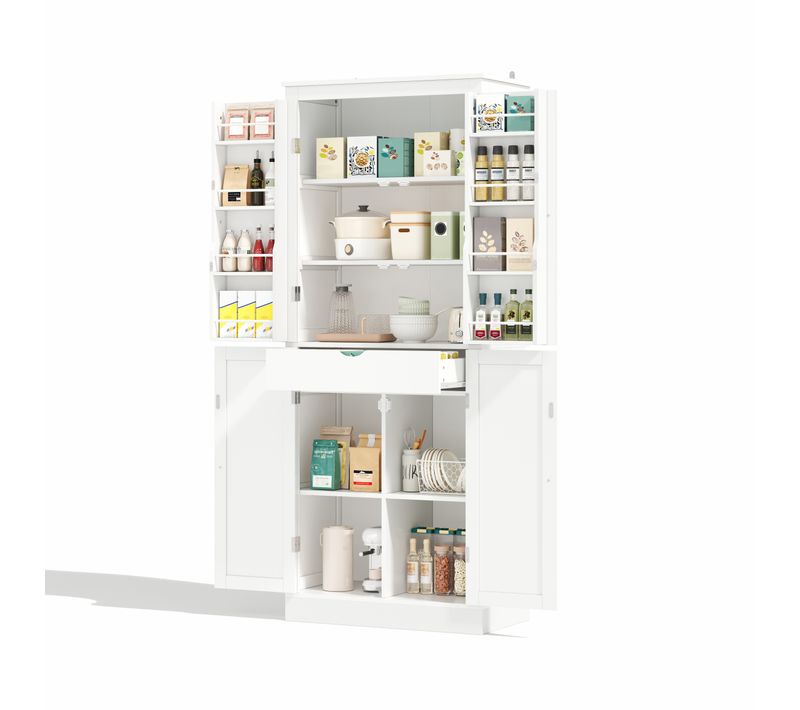 Buffet De Cuisine 75x40x182 Cm, 4 Portes, Rangement Avec 1 Tiroir Caché, Mdf, Blanc