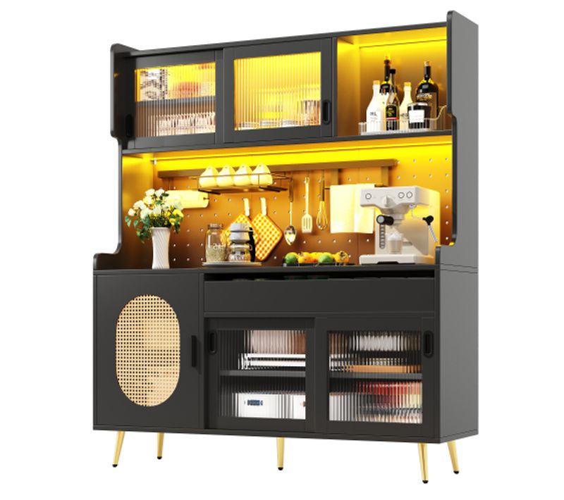 Buffet De Cuisine 145x39x171 Cm, LED Pilotable Via Appli, 1 Tiroir, 2 Niches, Mdf, Métal, Noir+doré