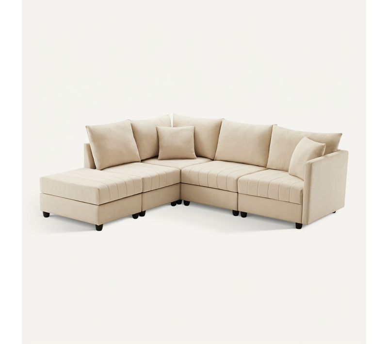 Canapé Modulable 220x194x85 Cm, 5 Places, Pouf Réversible, Tissu Coton Lin, Beige