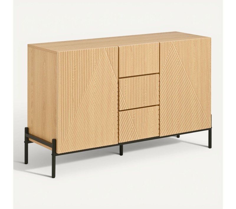 Buffet Bas 115,5x40x76 Cm, 3 Tiroirs, Portes Relief Géométrique, Mdf, Pieds En Fer, Bois+noir