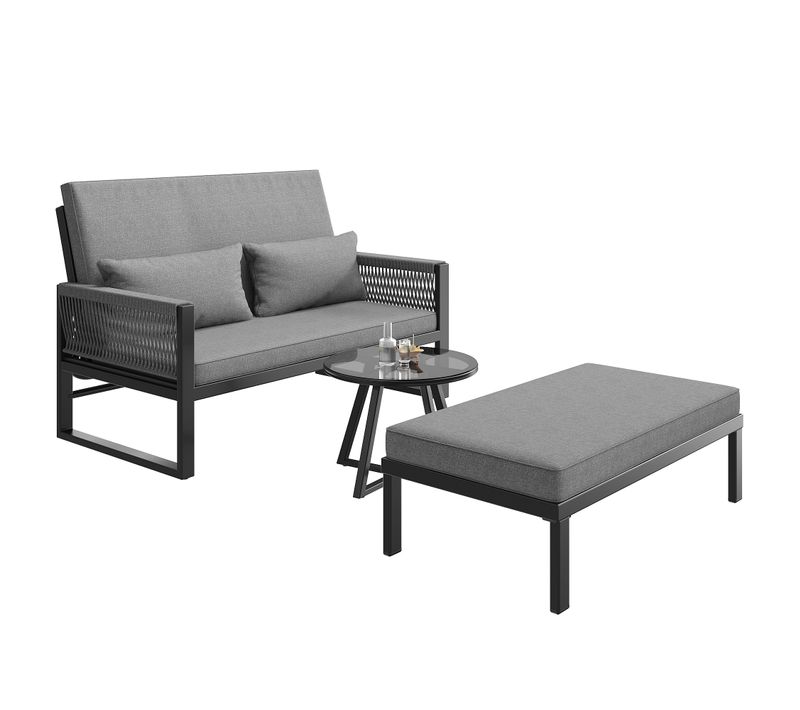 Salon De Jardin 3 Pièces, Canapé 101x74x103 Cm, Table, Coussins 11 Cm, Fer, Plateau En Verre, Gris