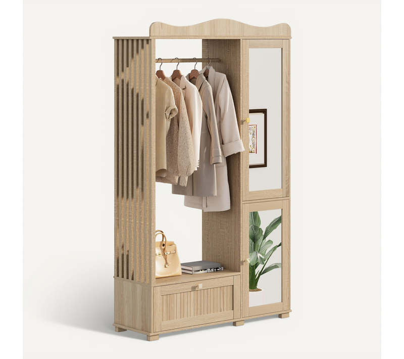Armoire Dressing 115,5x38,5x194,5 Cm, Porte Avec Miroir, Penderie Ouverte, Tiroir, Mdf, Couleur Bois