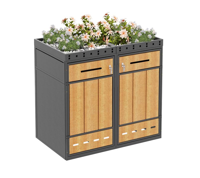 Coffre Poubelle 2 Bacs 120 240 L, Bac à Plantes Intégré, Acier, Gris Et Effet Bois